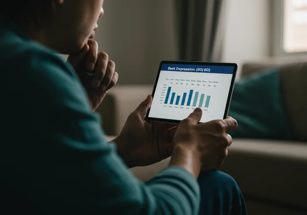 Person reviewing BDI test results on a screen, contemplating next steps.