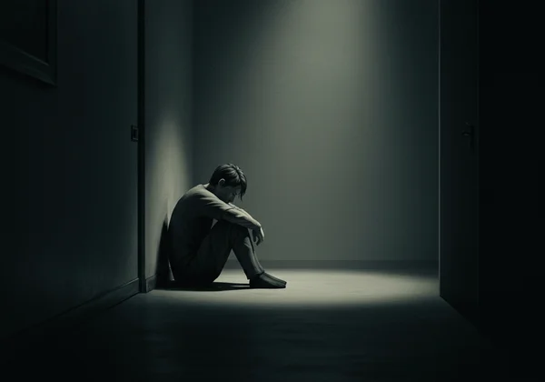 Person sitting alone, feeling tired and withdrawn, low energy.