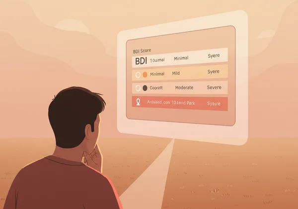 Person looking at BDI score, path ahead, starting mental health journey