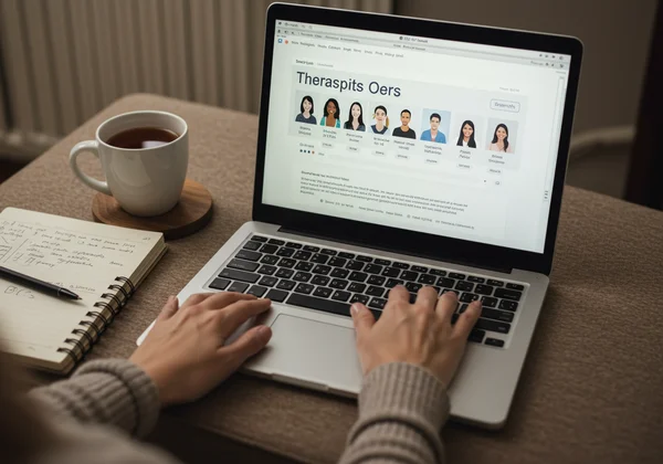 Person searching online for therapists, laptop, notebook