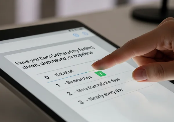 Hand selecting answers on an online BDI test interface